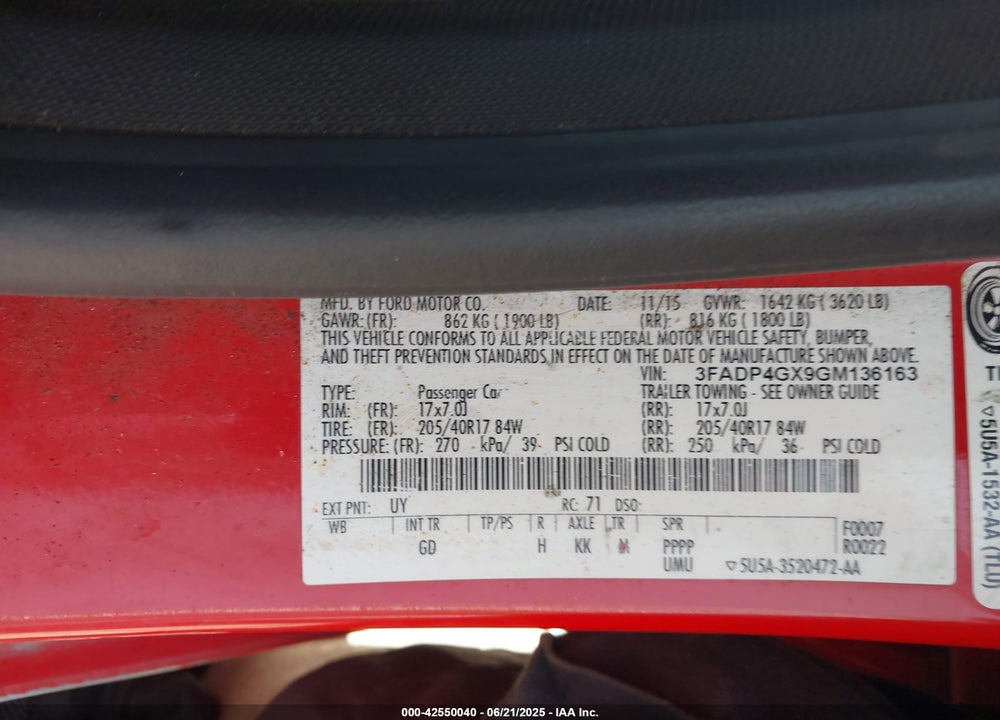 2016 FORD FIESTA VIN: 3FADP4GX9GM136163