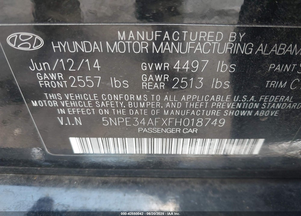 2015 HYUNDAI SONATA VIN: 5NPE34AFXFH018749