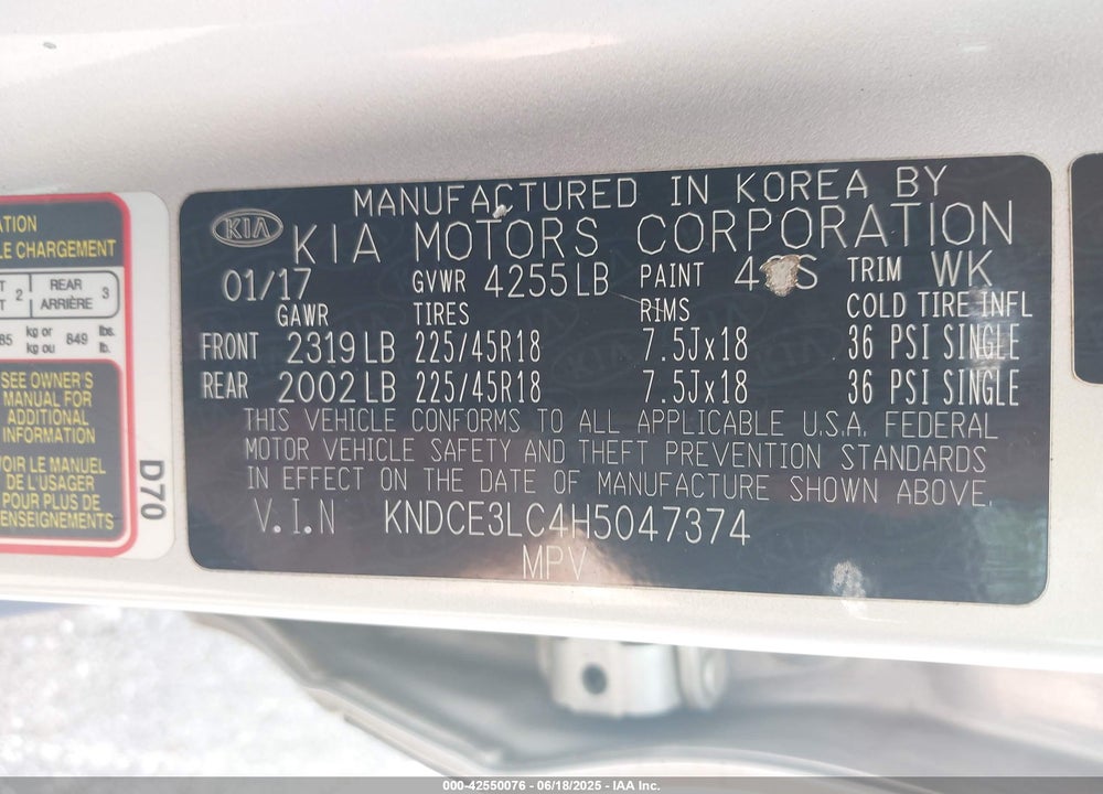 2017 KIA NIRO VIN: KNDCE3LC4H5047374