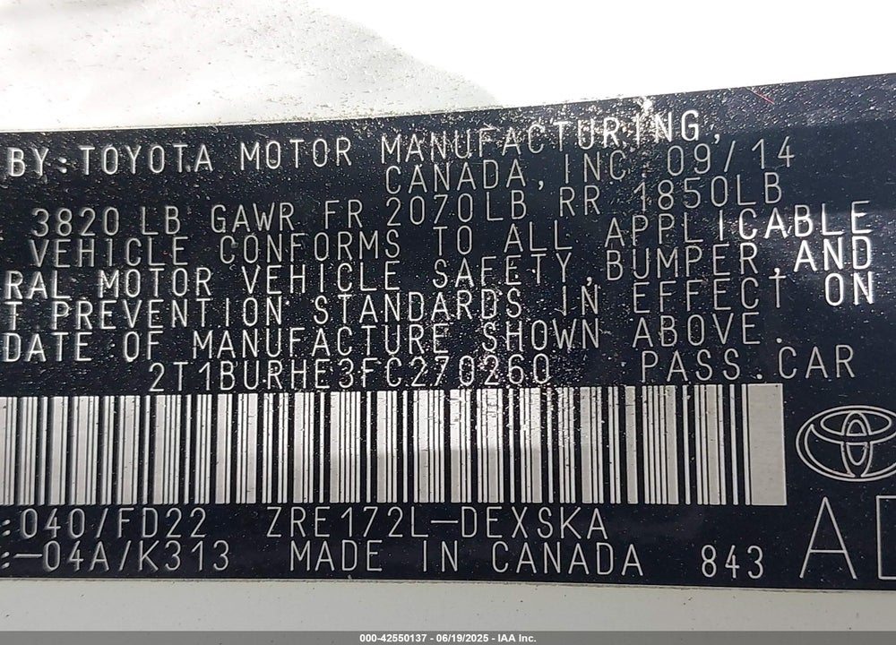 2015 TOYOTA COROLLA VIN: 2T1BURHE3FC270260
