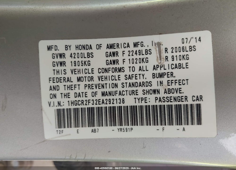 2014 HONDA ACCORD VIN: 1HGCR2F32EA292138
