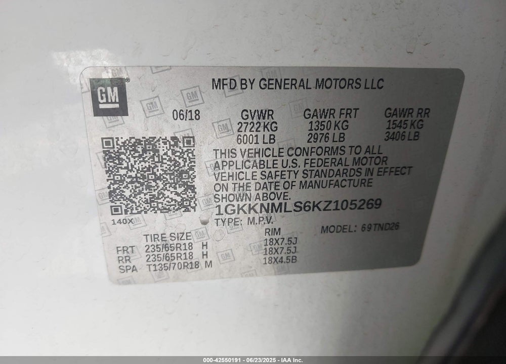 2019 GMC ACADIA VIN: 1GKKNMLS6KZ105269