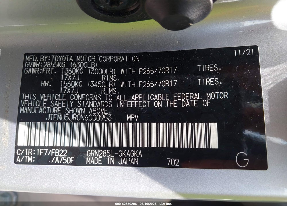 2022 TOYOTA 4RUNNER VIN: JTEMU5JR0N6000953