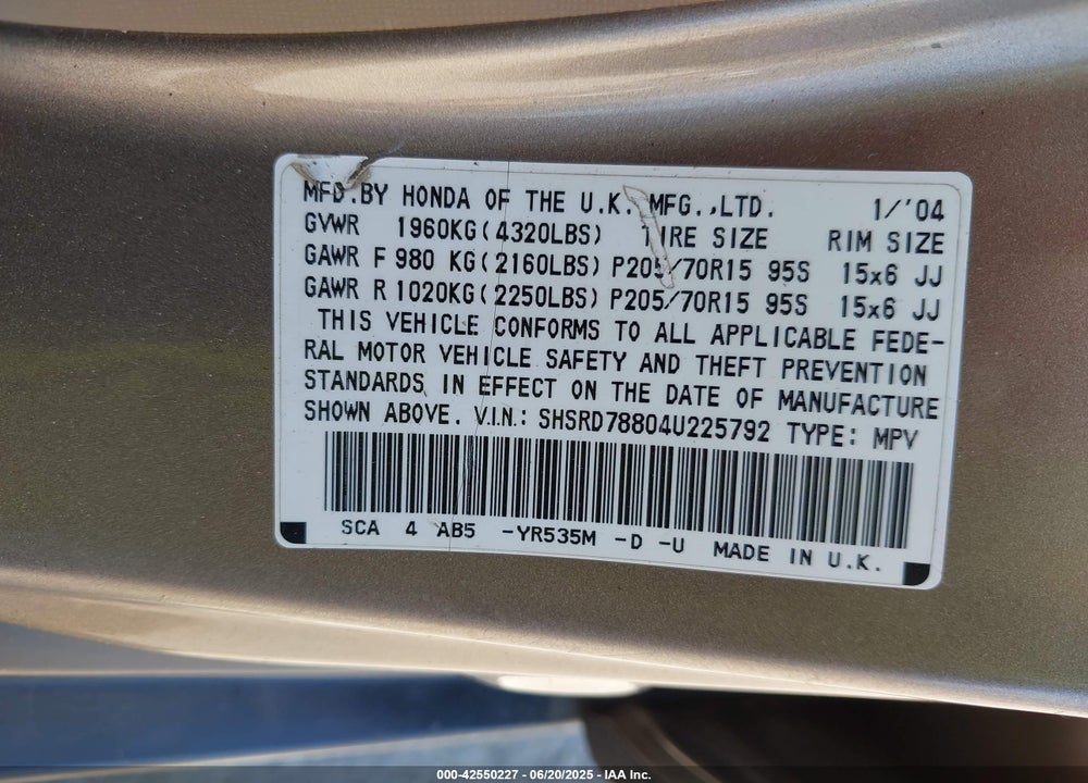 2004 HONDA CR-V EX VIN: SHSRD78804U225792