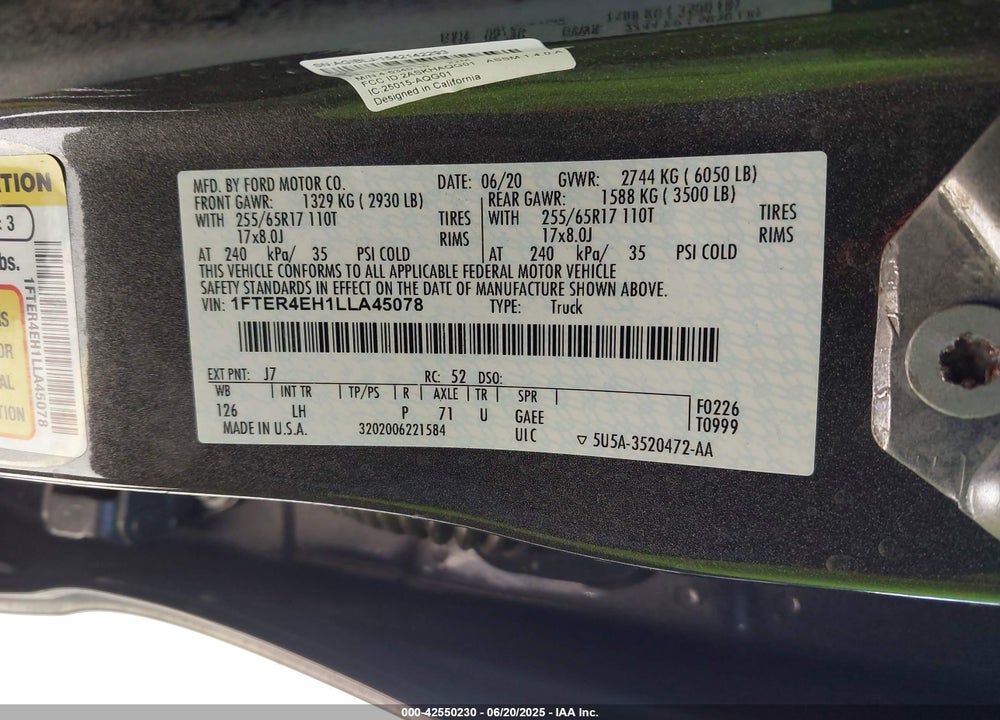 2020 FORD RANGER VIN: 1FTER4EH1LLA45078