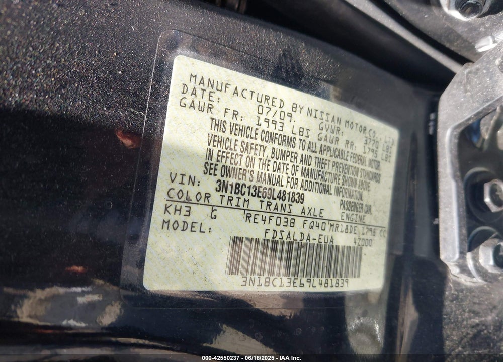 2009 NISSAN VERSA VIN: 3N1BC13E69L481839