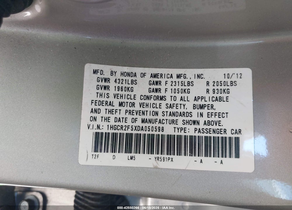 2013 HONDA ACCORD VIN: 1HGCR2F5XDA050598