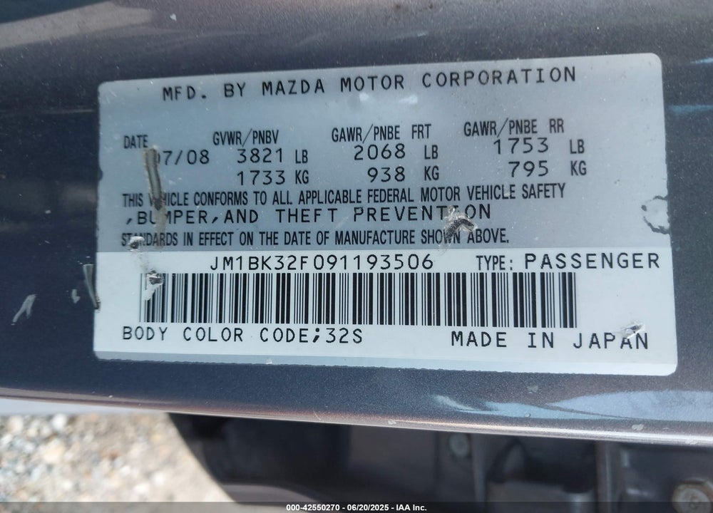 2009 MAZDA MAZDA3 VIN: JM1BK32F091193506