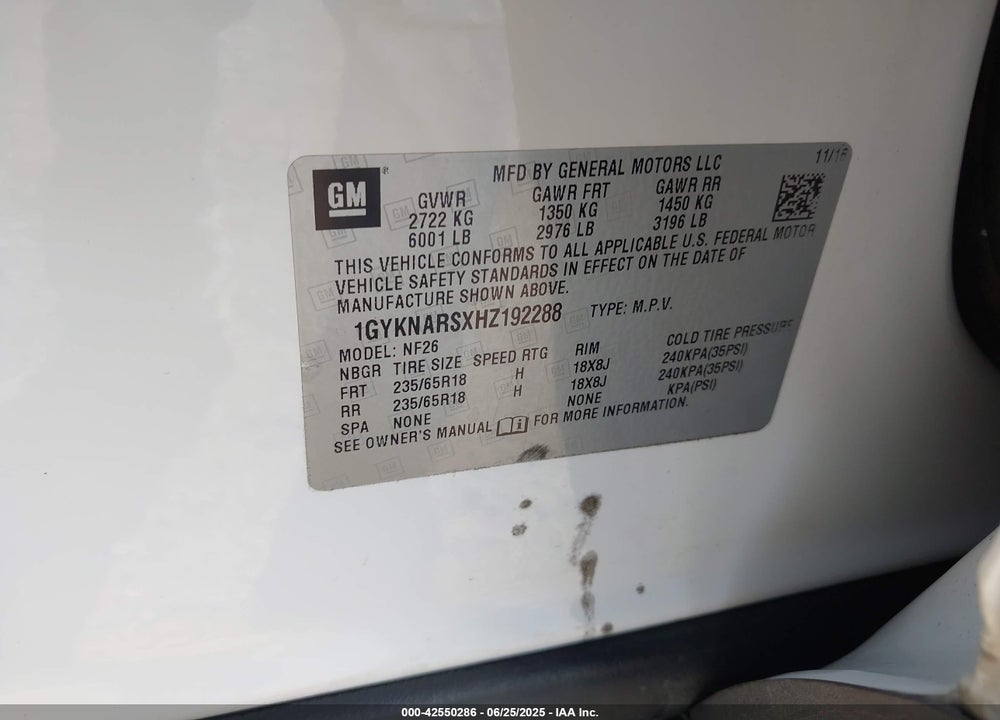 2017 CADILLAC XT5 VIN: 1GYKNARSXHZ192288
