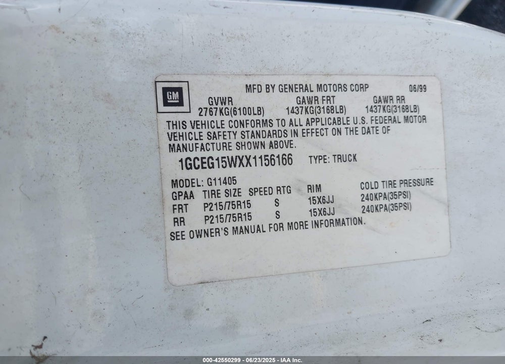 1999 CHEVROLET EXPRESS VIN: 1GCEG15WXX1156166