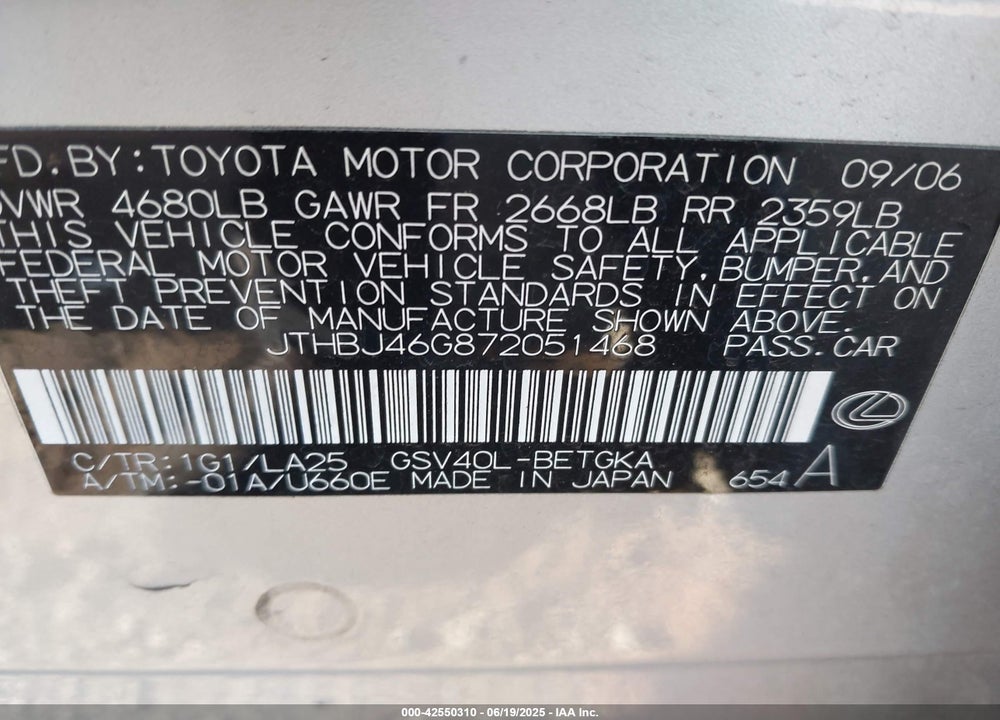 2007 LEXUS ES 350 VIN: JTHBJ46G872051468