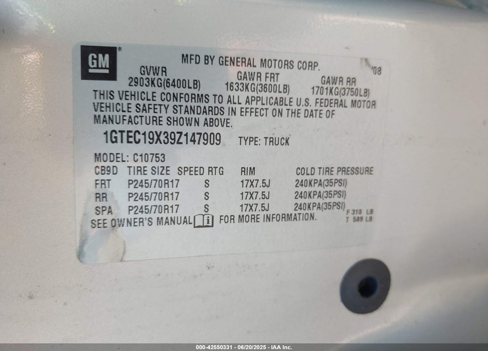 2009 GMC SIERRA VIN: 1GTEC19X39Z147909