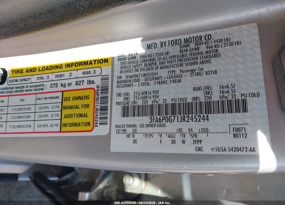 2018 FORD FUSION VIN: 3FA6P0G71JR245244