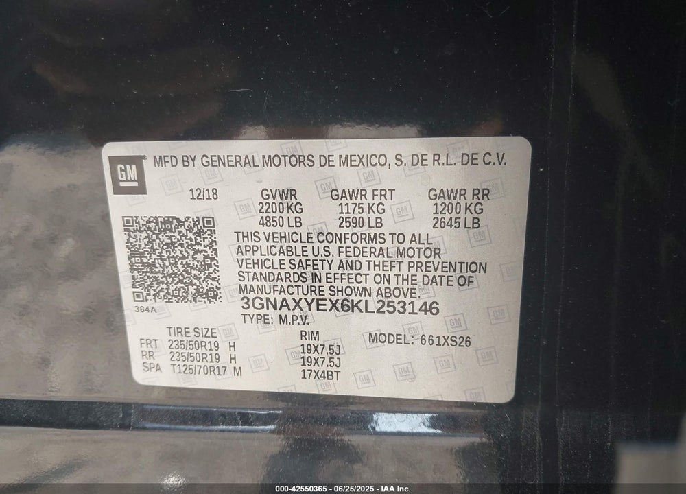 2019 CHEVROLET EQUINOX VIN: 3GNAXYEX6KL253146
