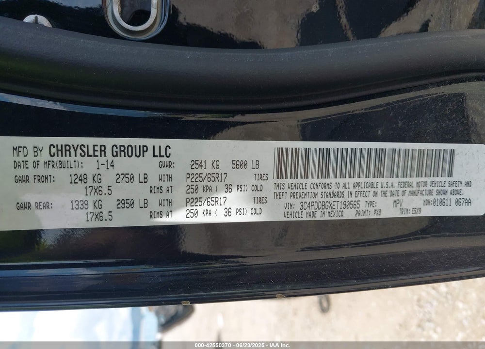2014 DODGE JOURNEY VIN: 3C4PDDBGXET190565