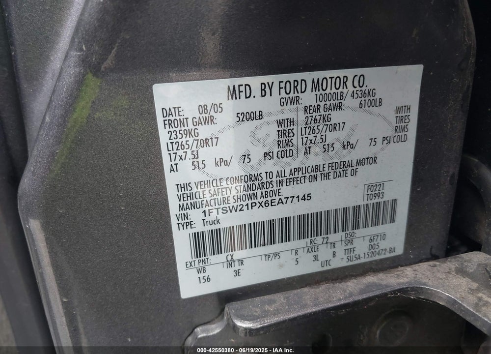 2006 FORD F-250 VIN: 1FTSW21PX6EA77145