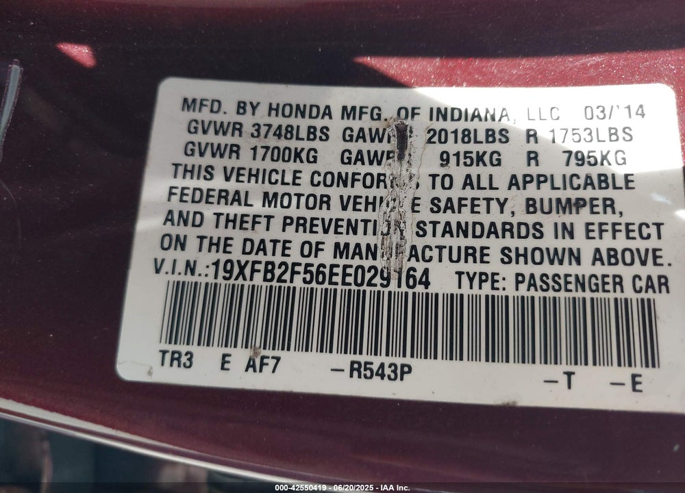 2014 HONDA CIVIC VIN: 19XFB2F56EE029164