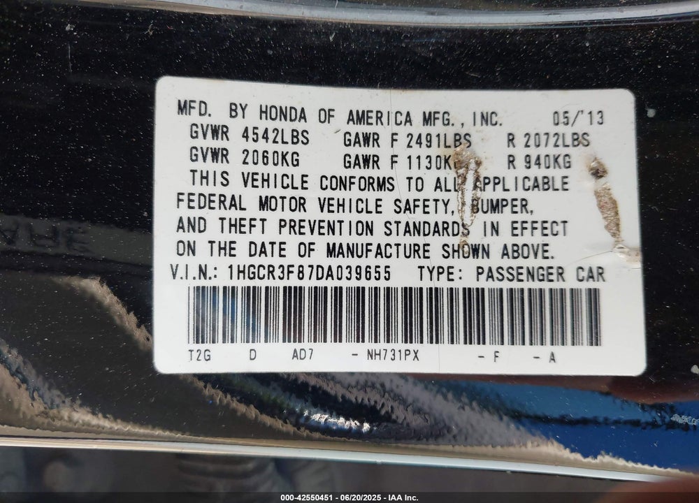 2013 HONDA ACCORD VIN: 1HGCR3F87DA039655