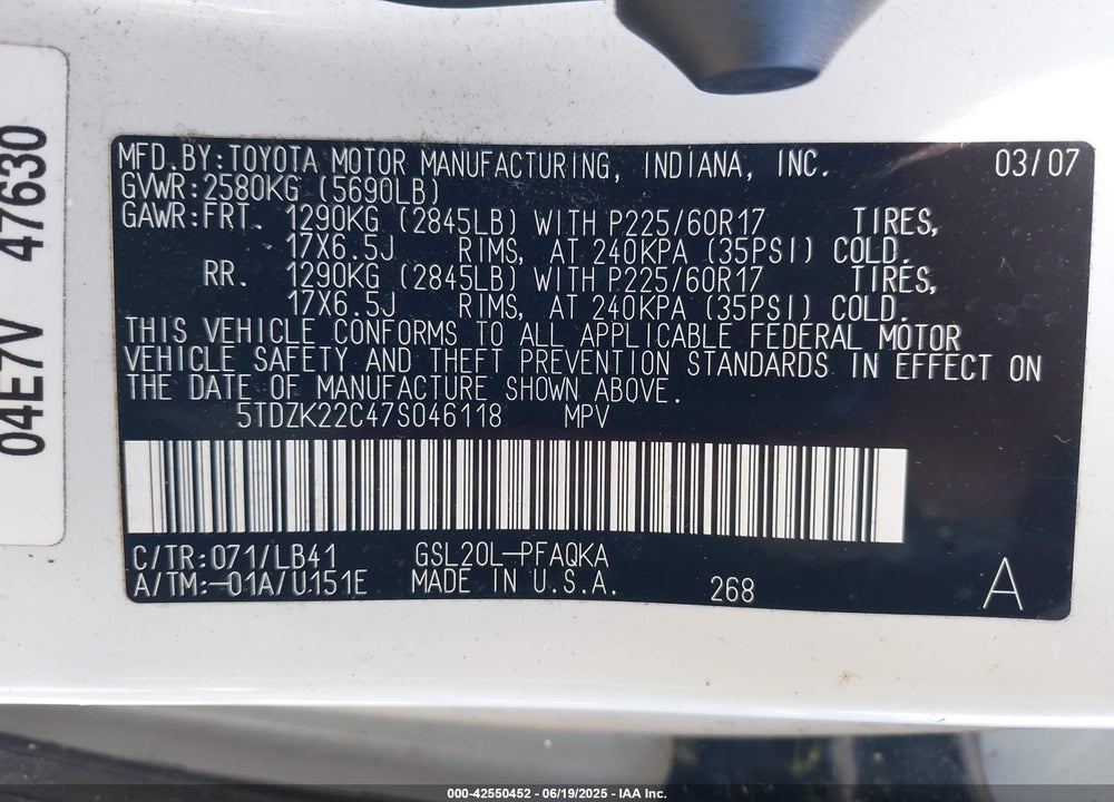 2007 TOYOTA SIENNA VIN: 5TDZK22C47S046118