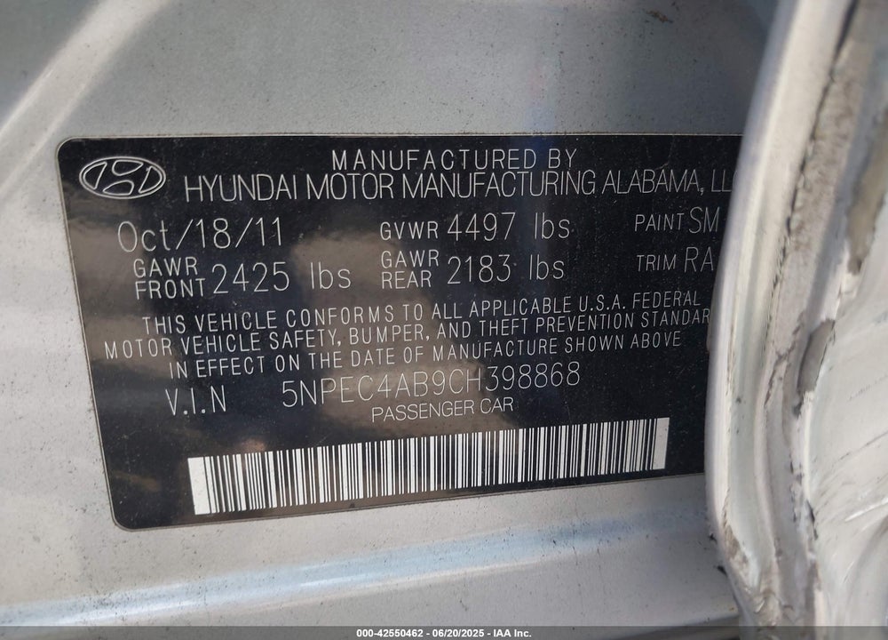 2012 HYUNDAI SONATA VIN: 5NPEC4AB9CH398868