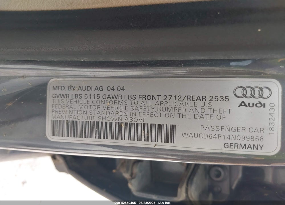 2004 AUDI A6 2.7T S-LINE VIN: WAUCD64B14N099868