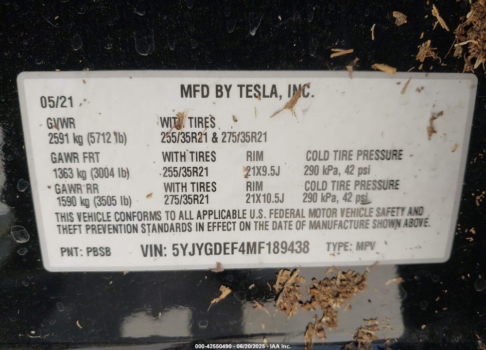 2021 TESLA MODEL Y VIN: 5YJYGDEF4MF189438