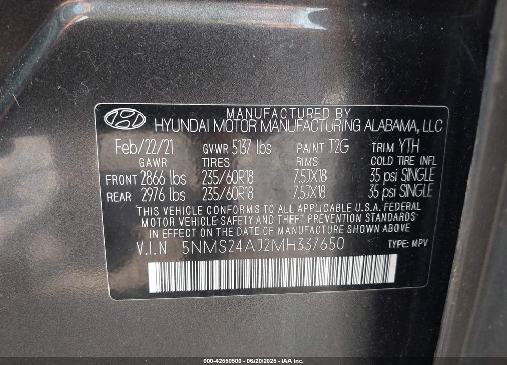 2021 HYUNDAI SANTA FE VIN: 5NMS24AJ2MH337650