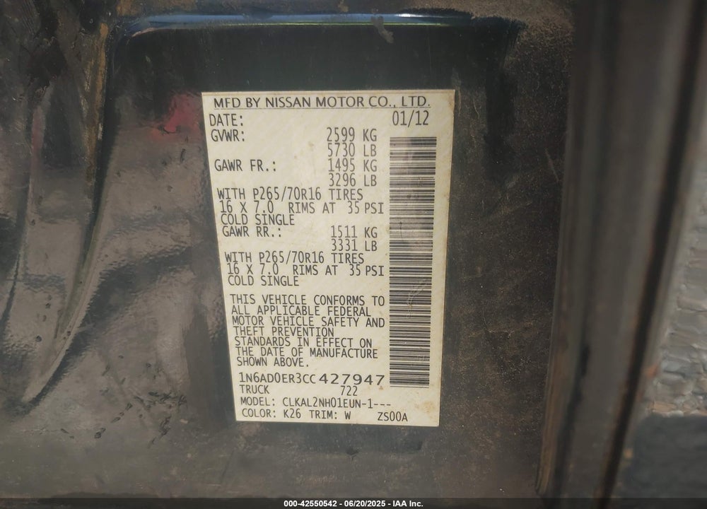 2012 NISSAN FRONTIER VIN: 1N6AD0ER3CC427947