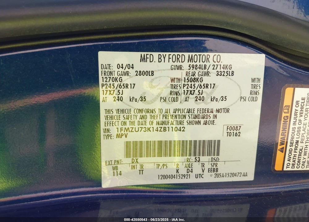 2004 FORD EXPLORER NBX/XLT VIN: 1FMZU73K14ZB11042