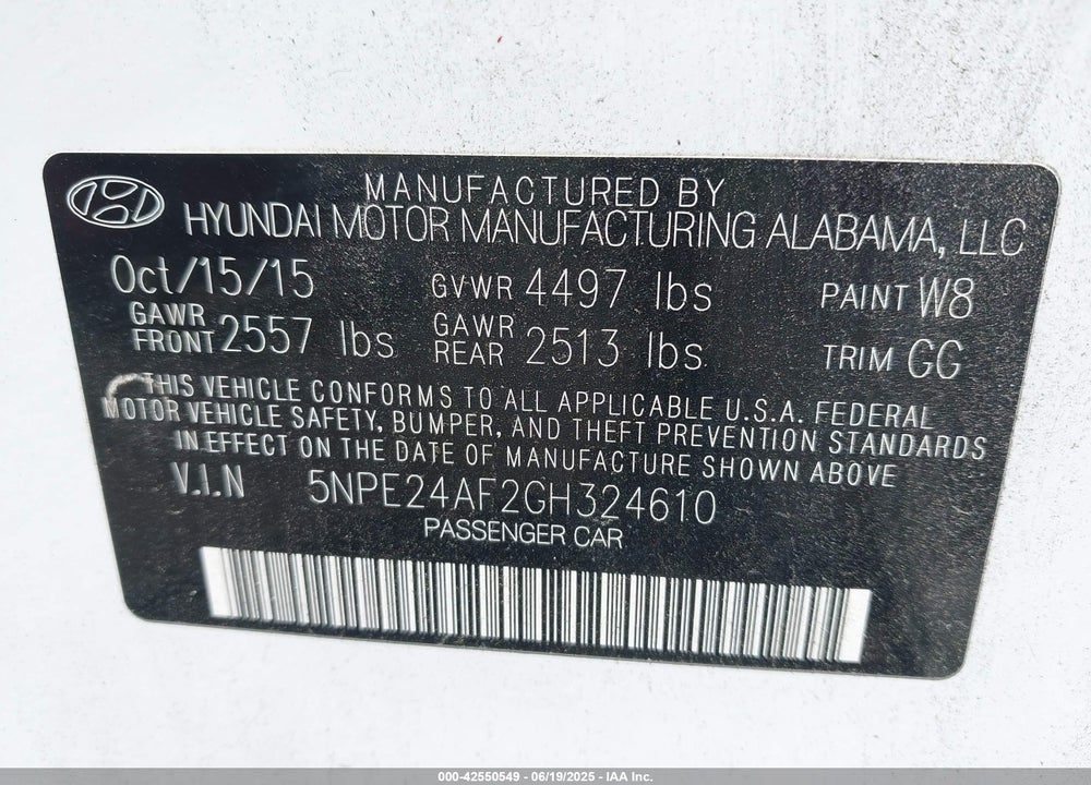 2016 HYUNDAI SONATA VIN: 5NPE24AF2GH324610