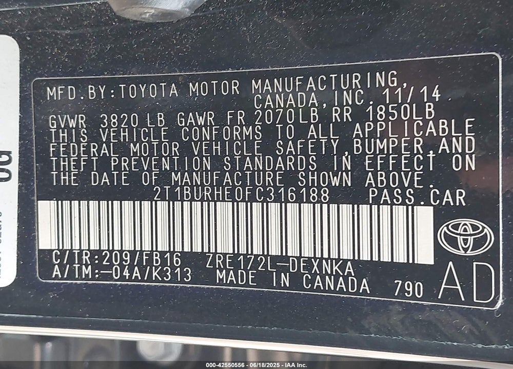 2015 TOYOTA COROLLA LE VIN: 2T1BURHE0FC316188