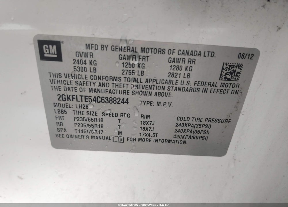 2012 GMC TERRAIN VIN: 2GKFLTE54C6388244
