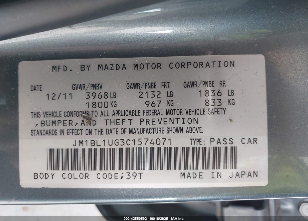 2012 MAZDA 3 I SPORT VIN: JM1BL1UG3C1574071
