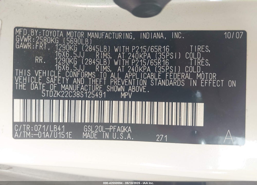 2008 TOYOTA SIENNA XLE VIN: 5TDZK22C38S125491