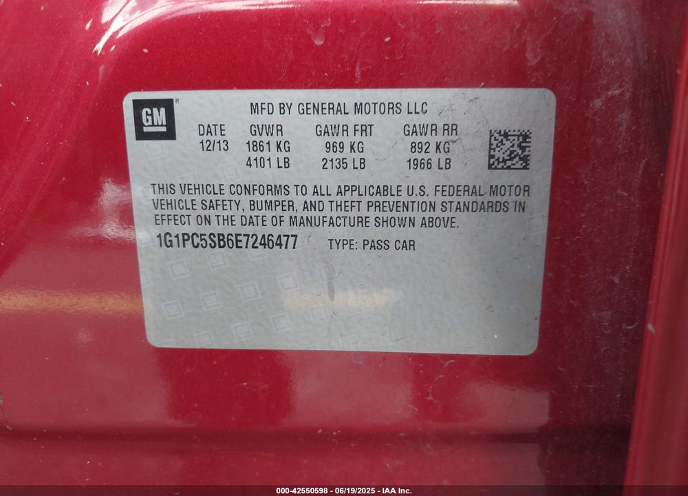 2014 CHEVROLET CRUZE VIN: 1G1PC5SB6E7246477