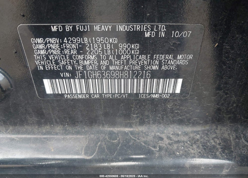 2008 SUBARU IMPREZA OUTBACK SPORT VIN: JF1GH63698H812216