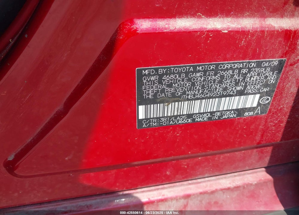 2009 LEXUS ES 350 VIN: JTHBJ46G492319743