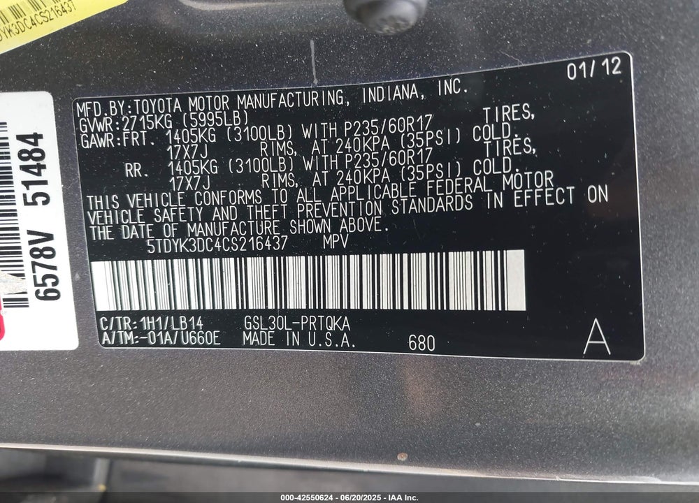 2012 TOYOTA SIENNA XLE V6 8 PASSENGER VIN: 5TDYK3DC4CS216437