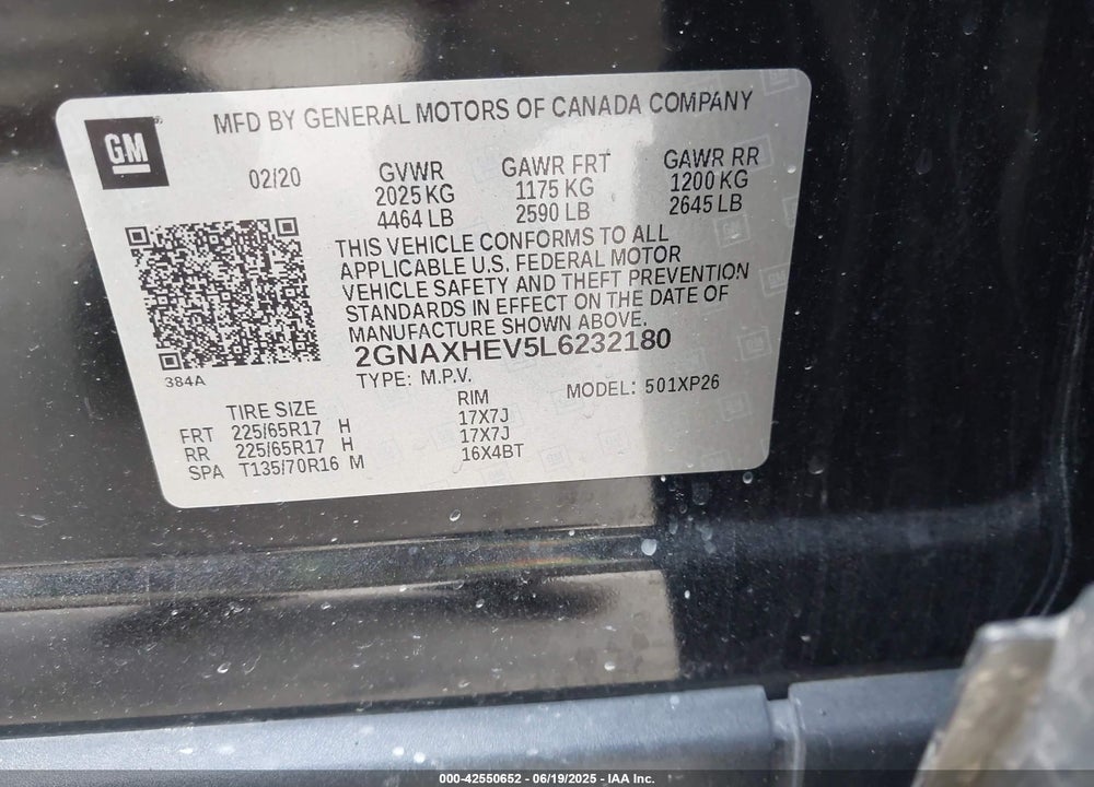 2020 CHEVROLET EQUINOX VIN: 2GNAXHEV5L6232180