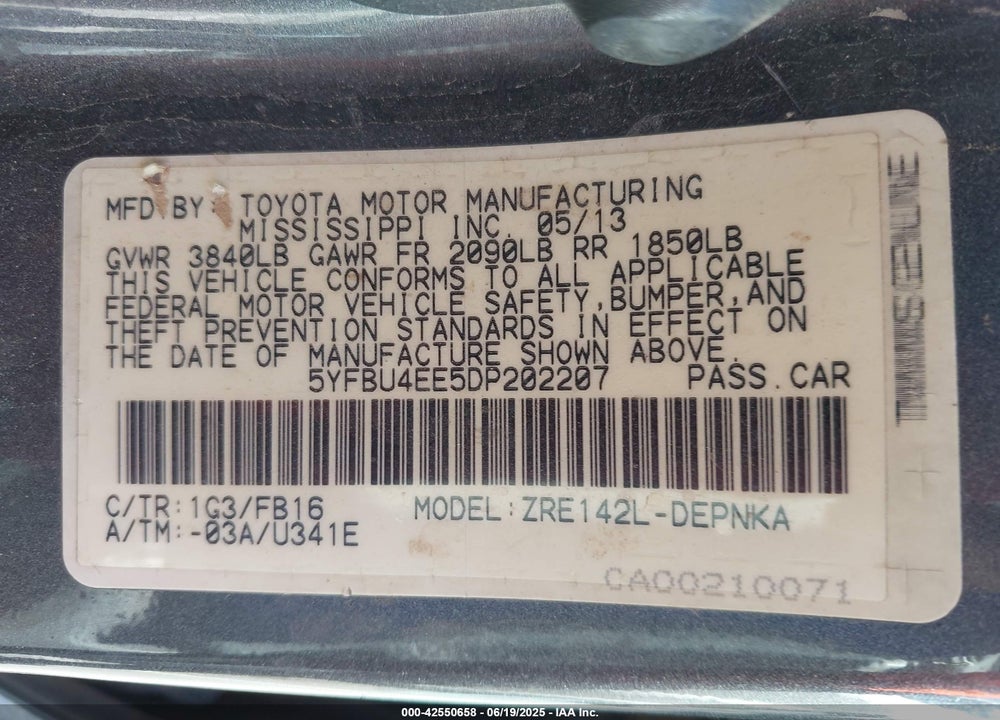 2013 TOYOTA COROLLA VIN: 5YFBU4EE5DP202207