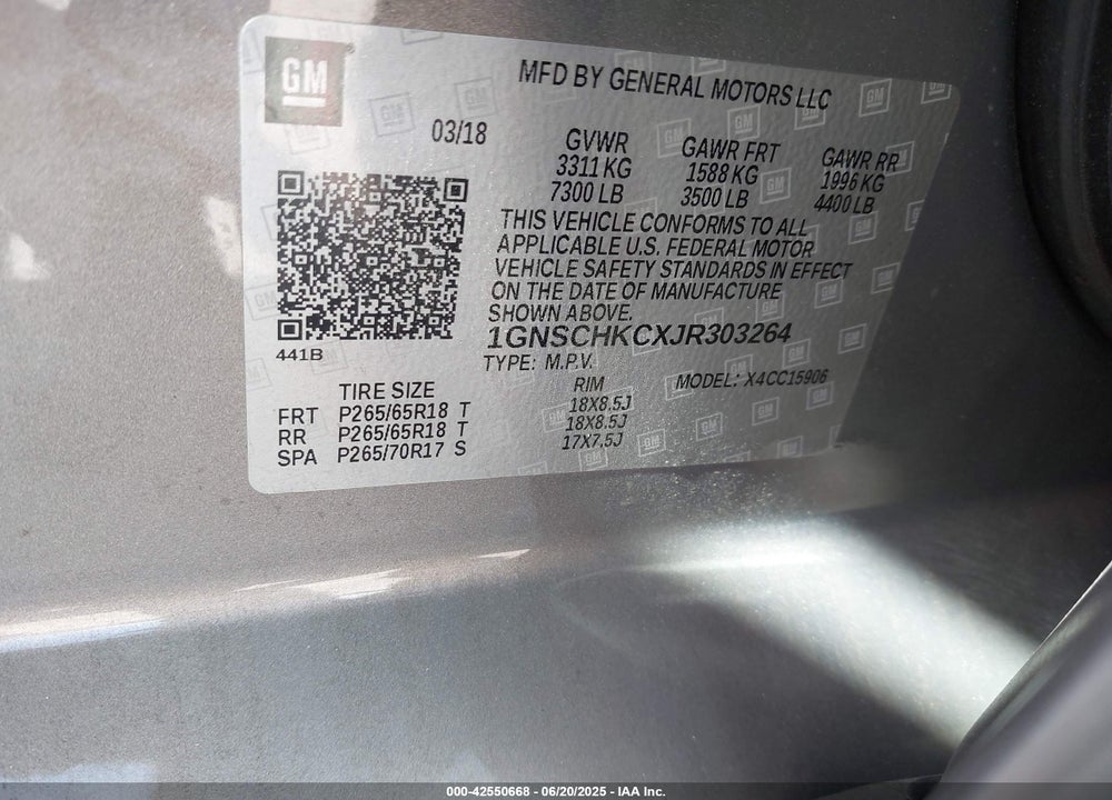 2018 CHEVROLET SUBURBAN VIN: 1GNSCHKCXJR303264