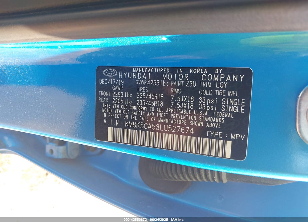 2020 HYUNDAI KONA VIN: KM8K5CA53LU527674