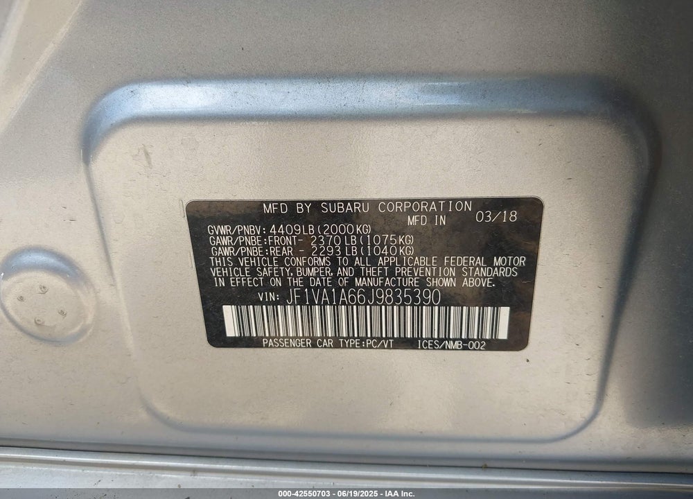 2018 SUBARU WRX VIN: JF1VA1A66J9835390