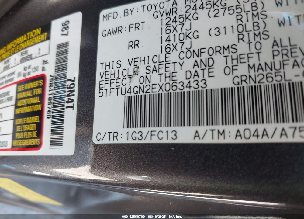 2014 TOYOTA TACOMA VIN: 5TFTU4GN2EX063433