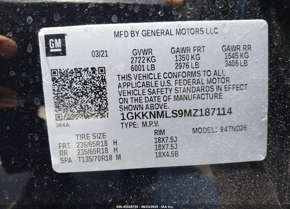 2021 GMC ACADIA FWD SLT VIN: 1GKKNMLS9MZ187114