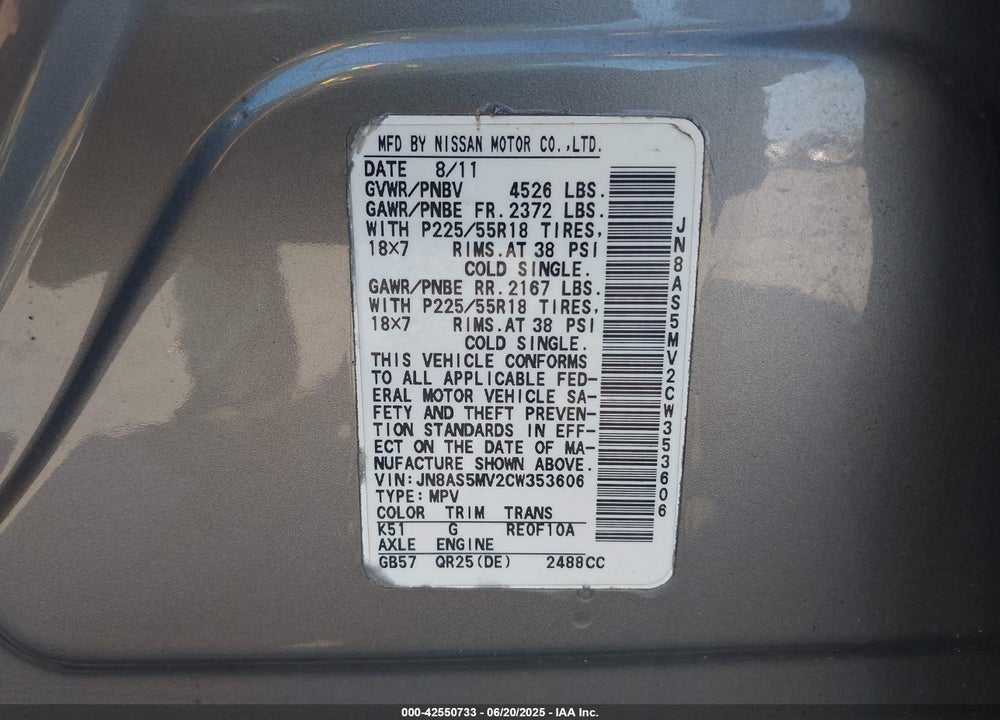 2012 NISSAN ROGUE VIN: JN8AS5MV2CW353606