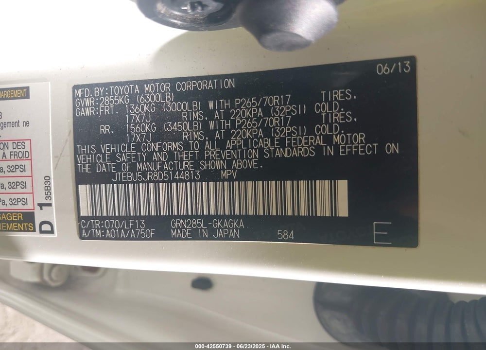 2013 TOYOTA 4RUNNER VIN: JTEBU5JR8D5144813