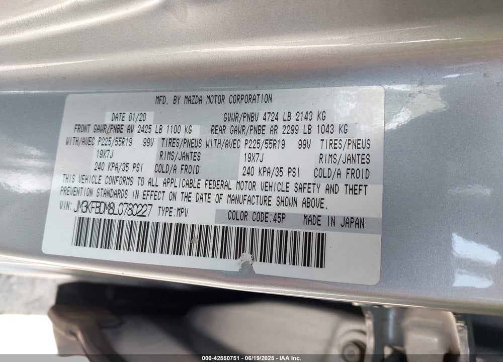 2020 MAZDA CX-5 VIN: JM3KFBDM8L0780227