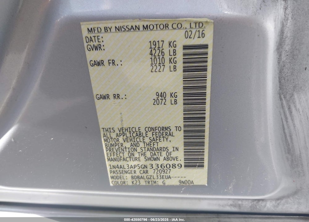 2016 NISSAN ALTIMA VIN: 1N4AL3AP5GN336089