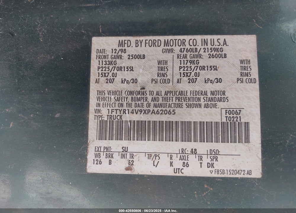 1999 FORD RANGER XL/XLT VIN: 1FTYR14V9XPA62065
